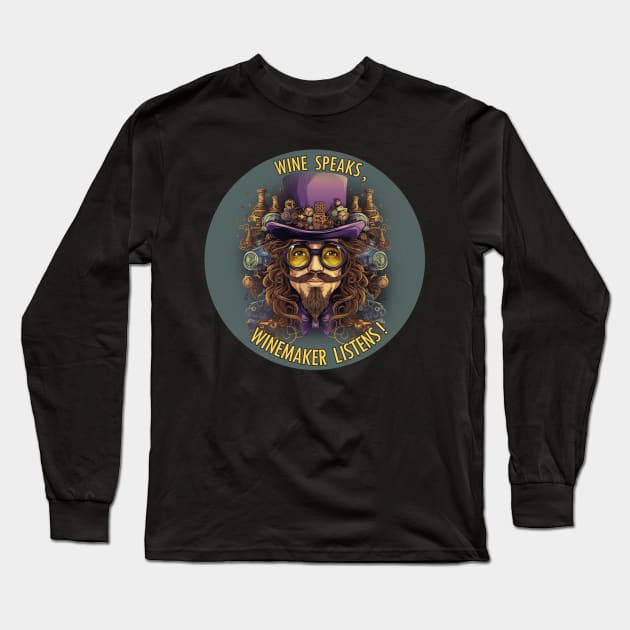 Vintage Design Illustration - Artistic Expression - Profound Winemaker's Dedication: 'Wine Speaks, Winemaker Listens!' Embracing Vinicultural Mastery. Long Sleeve T-Shirt by Art KateDav